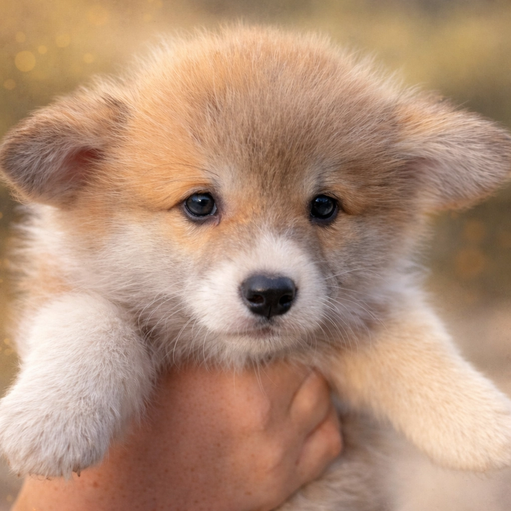 Cachorro Corgi en brazos en un entorno cálido